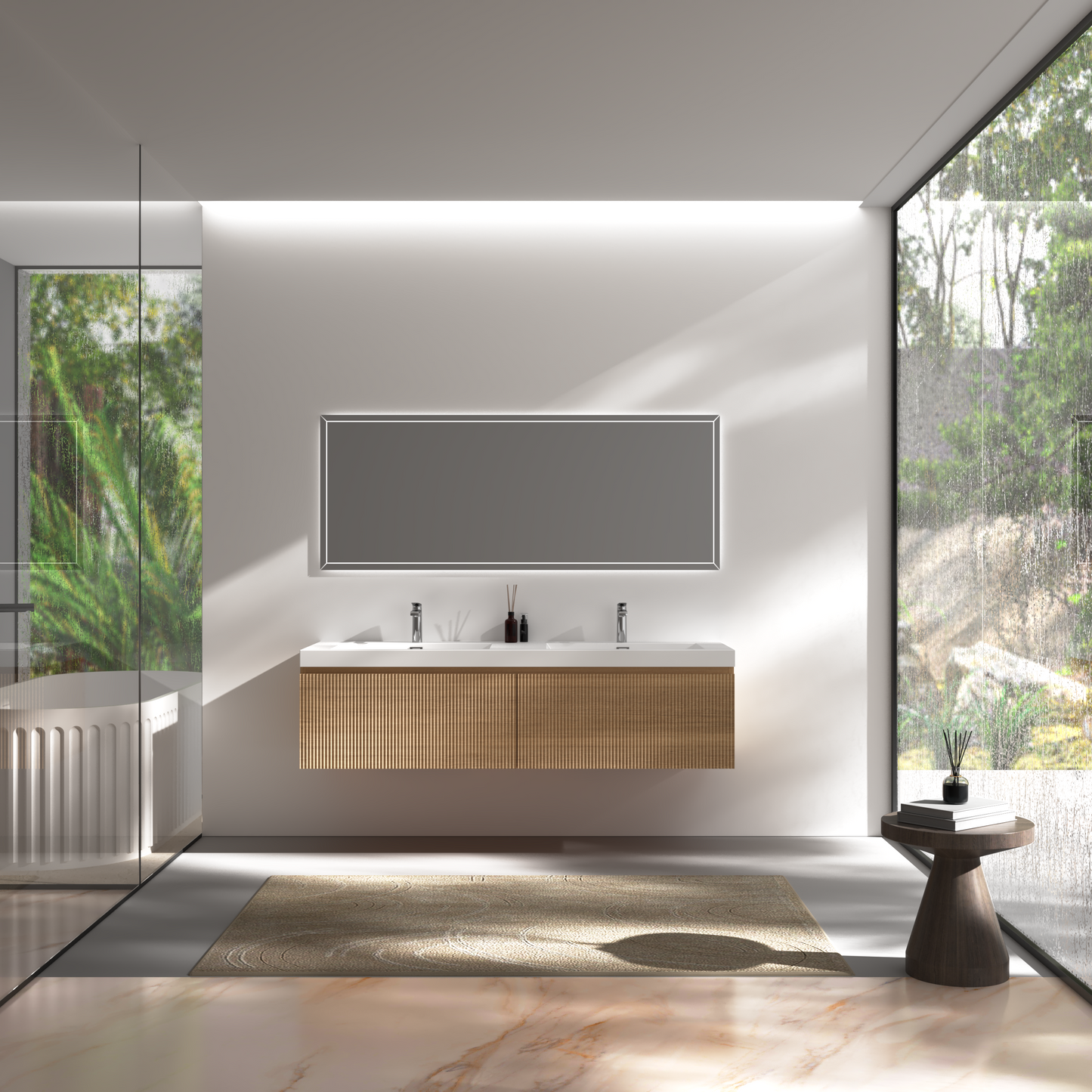 60" Liner - Floating Bathroom Vanity Integrated Double Sink Basin Natural Oak