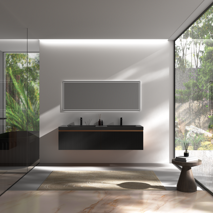 60" Liner - Floating Bathroom Vanity Integrated Double Basin Smoked Walnut & lnk Black