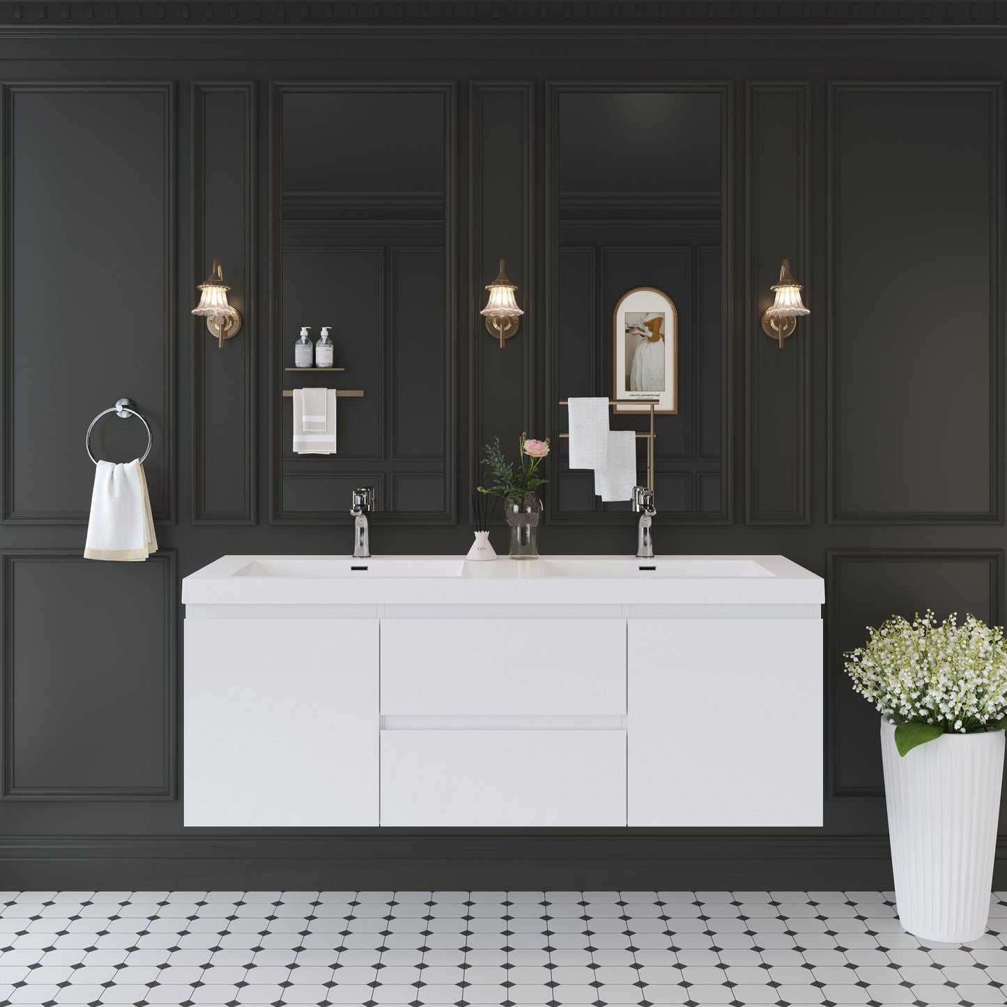 60" Angela - Floating Bathroom Vanity Double Sink Glossy White