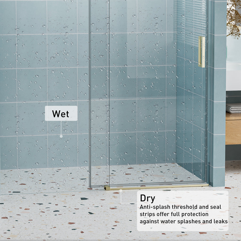 56–60" W x 76" H Frameless Soft-Closing Sliding Shower Door, 1/4" Tempered Glass, Gold