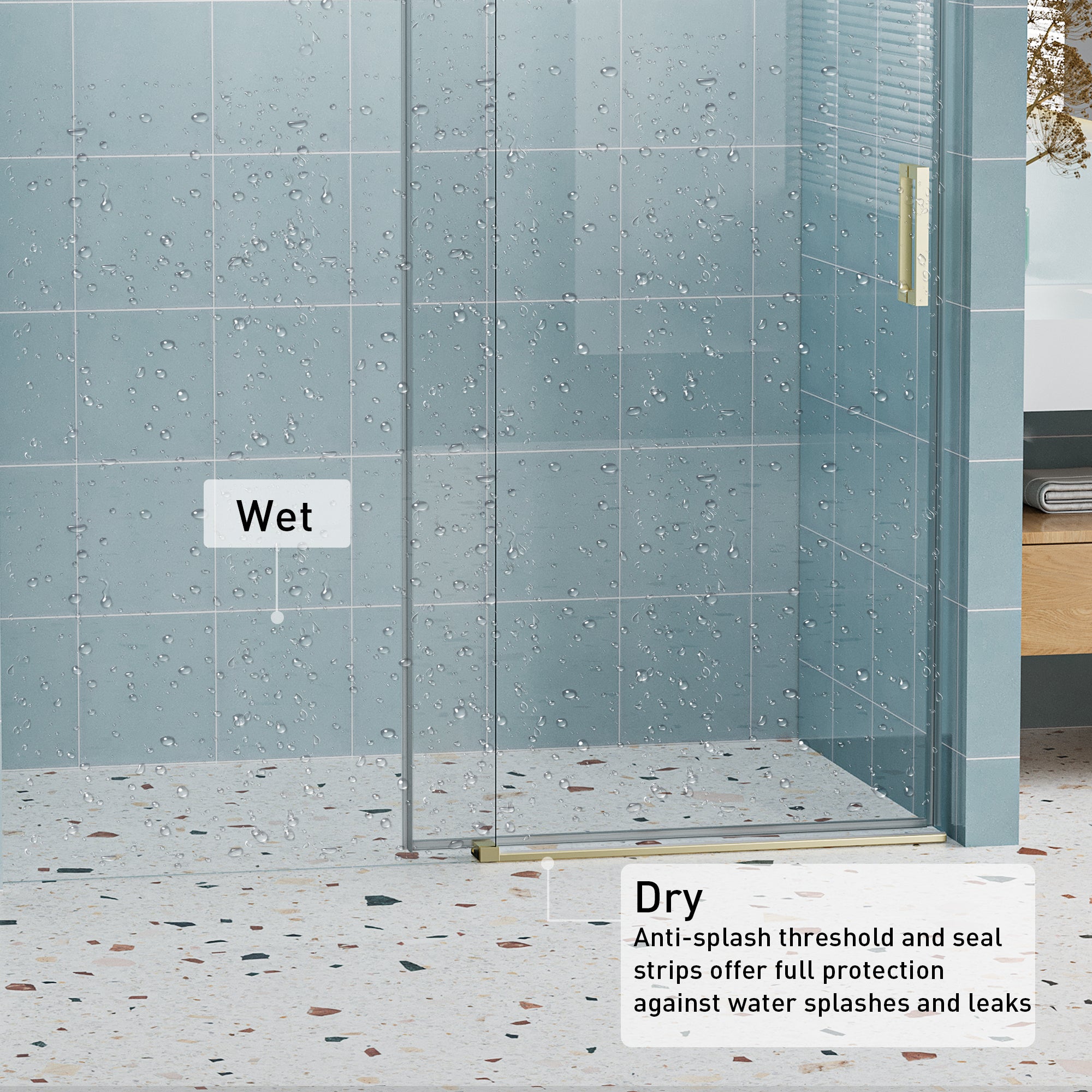 56–60" W x 76" H Frameless Soft-Closing Sliding Shower Door, 1/4" Tempered Glass, Gold