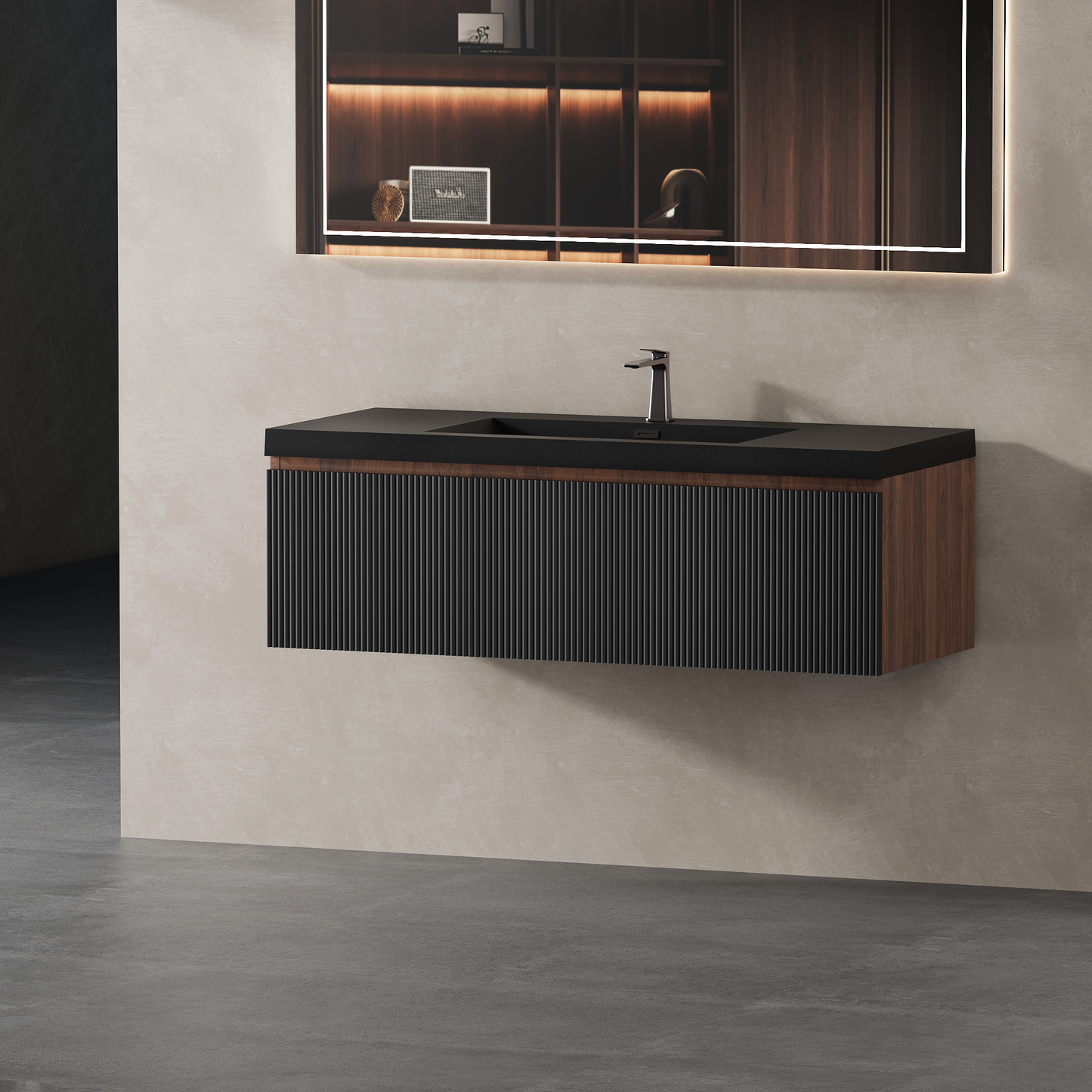 48" Liner - Floating Bathroom Vanity Smoked Walnut & lnk Black