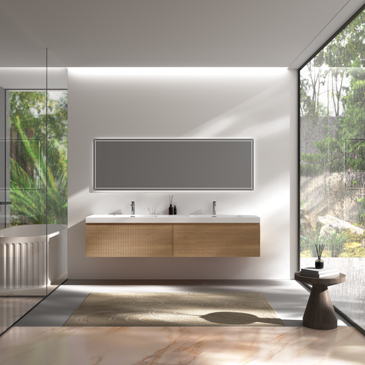 72" Liner - Floating Bathroom Vanity Integrated Double Sink Basin Natural Oak