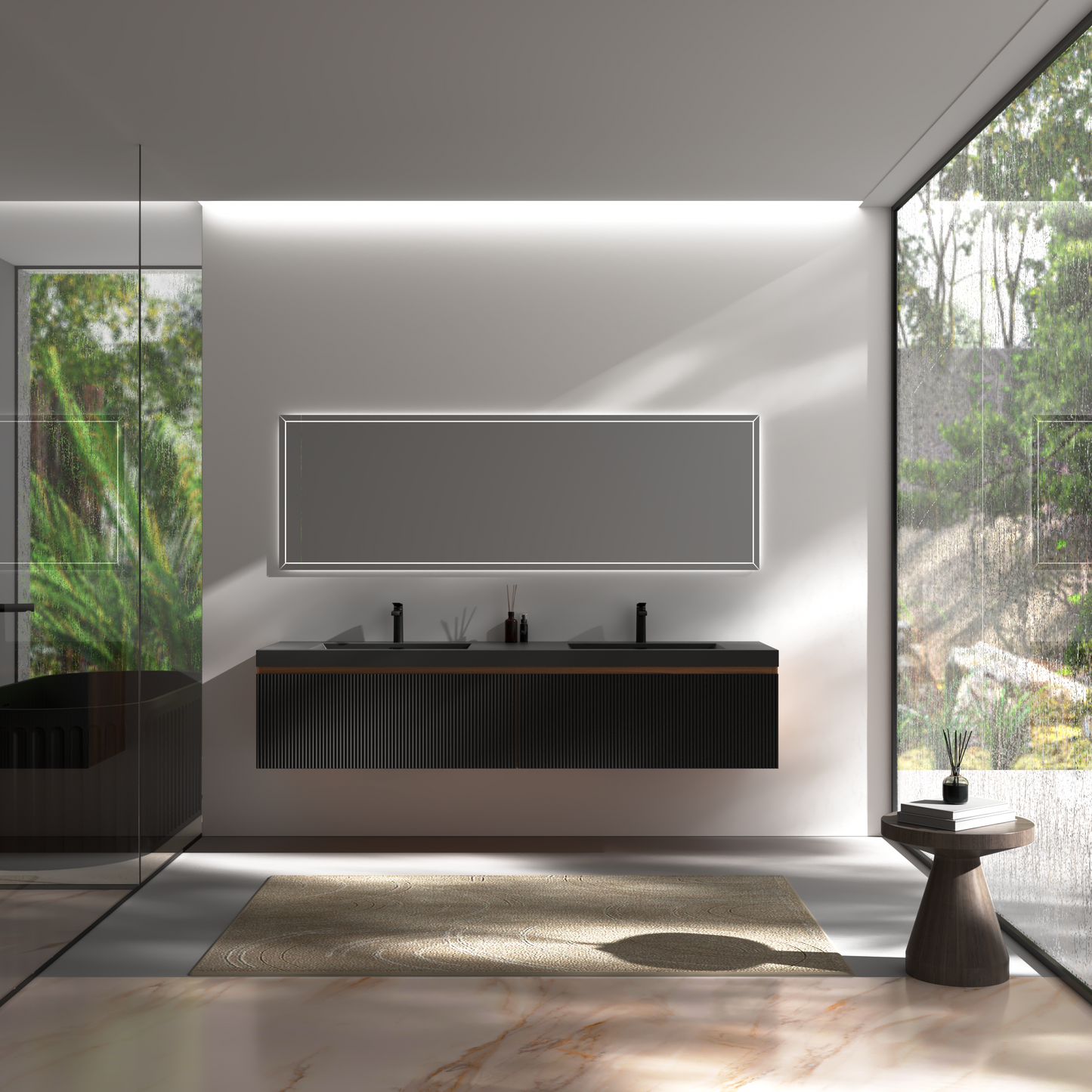 72" Liner - Floating Bathroom Vanity Integrated Double Basin Smoked Walnut & lnk Black