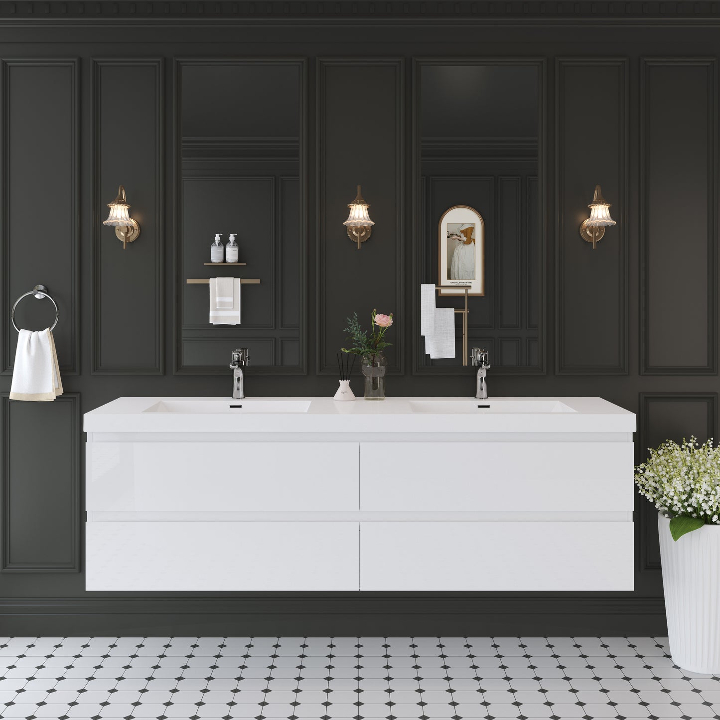 72" Angela - Floating Bathroom Vanity Double Sink Glossy White