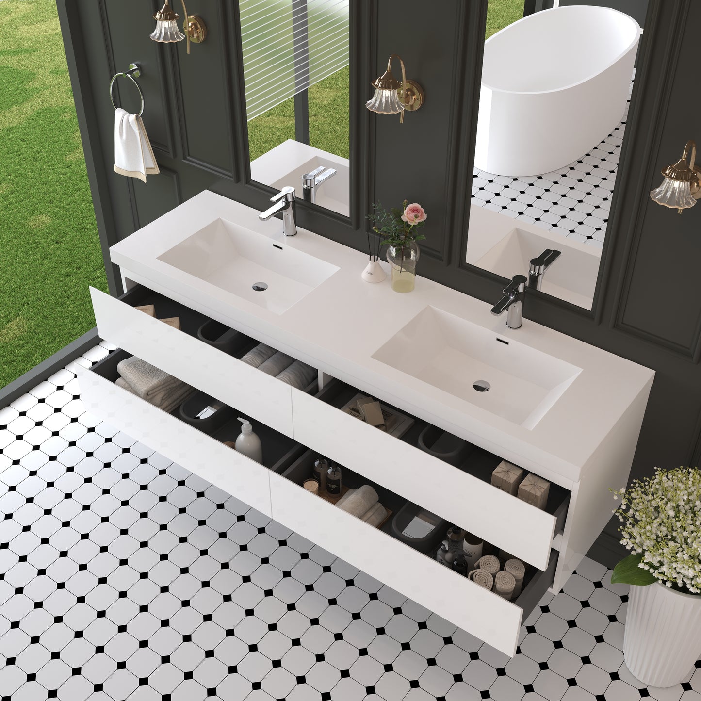 72" Angela - Floating Bathroom Vanity Double Sink Glossy White
