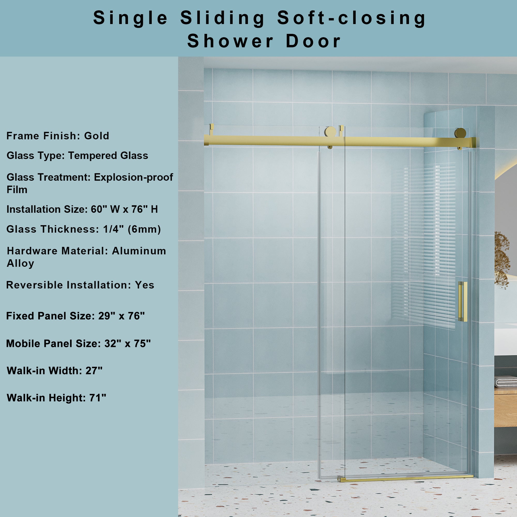 56–60" W x 76" H Frameless Soft-Closing Sliding Shower Door, 1/4" Tempered Glass, Gold
