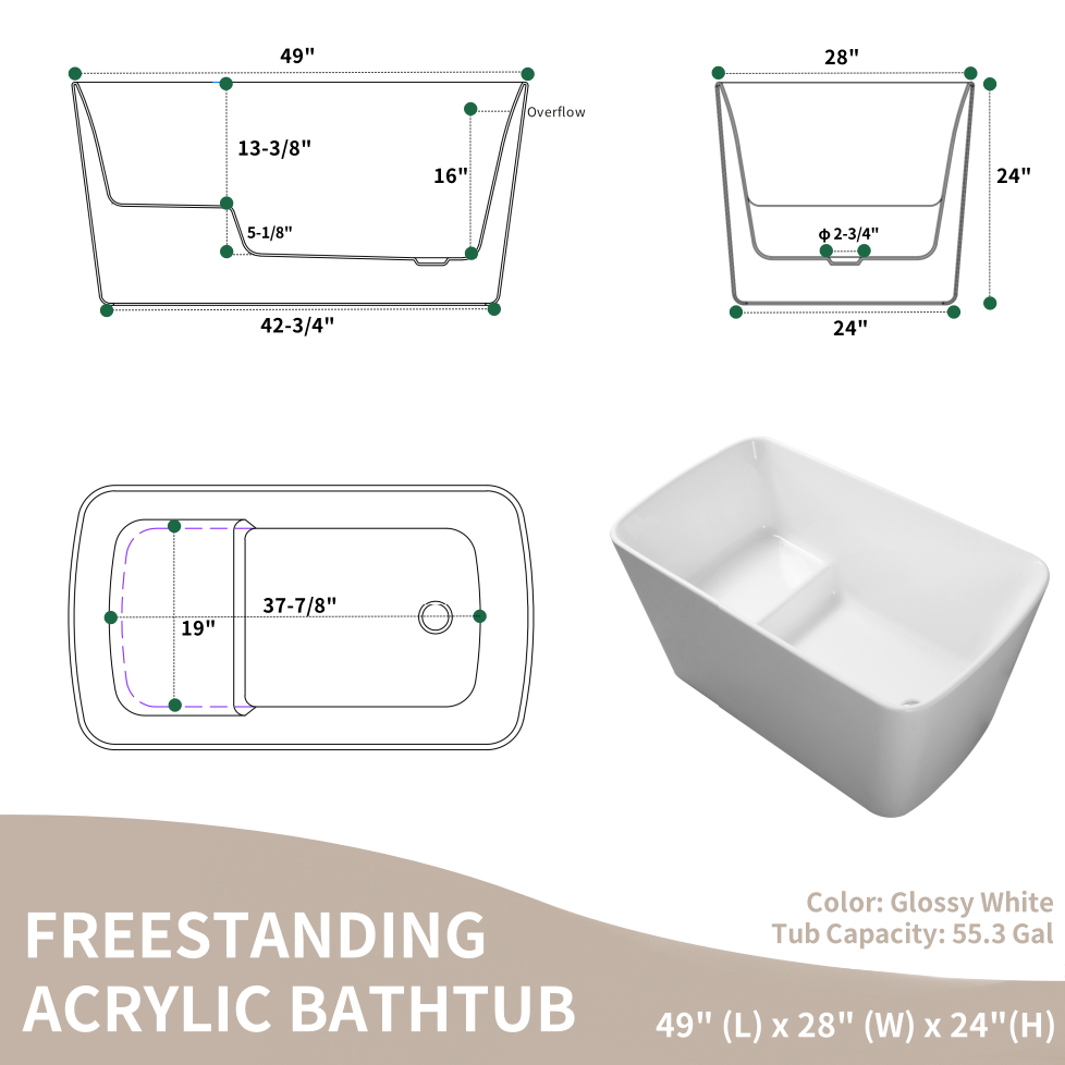 49" Acrylic Freestanding Japanese Soaking Tub, Square Sit-In Design, Chrome Overflow & Drain, Glossy White