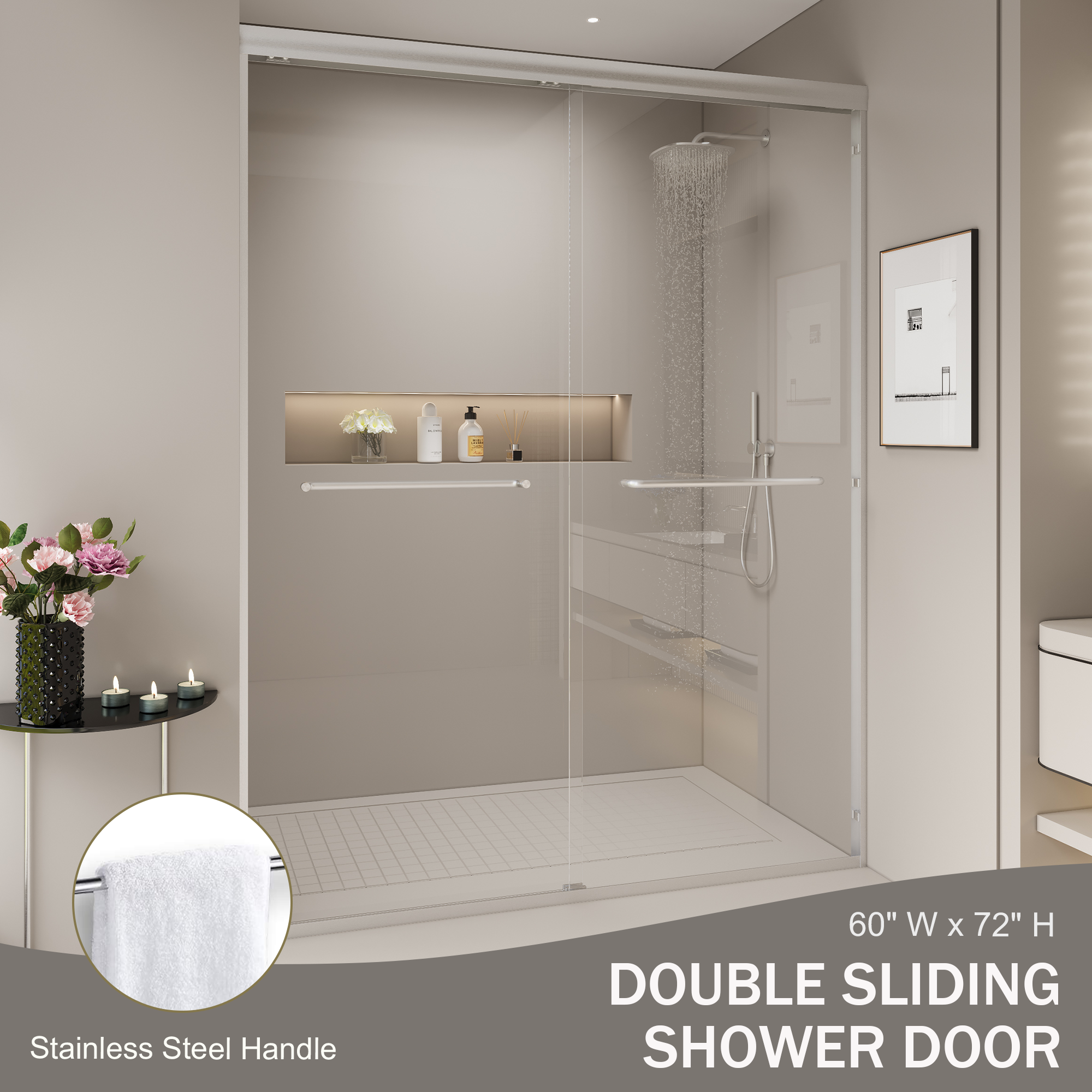 56–60" W x 72" H Semi-Frameless Double Sliding Shower Door, 1/4" Tempered Glass, Brushed Nickel