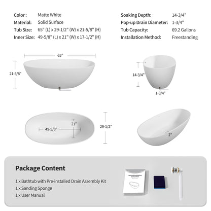 65" Elegant Oval Solid Surface Freestanding Soaking Bathtub, Matte/Gloss White S06-65