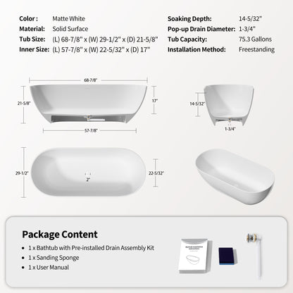 69" Freestanding Stone Resin Deep Soaking Bathtub S03-69