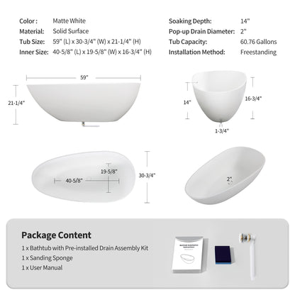 59" Freestanding Solid Surface Soaking Bathtub S02