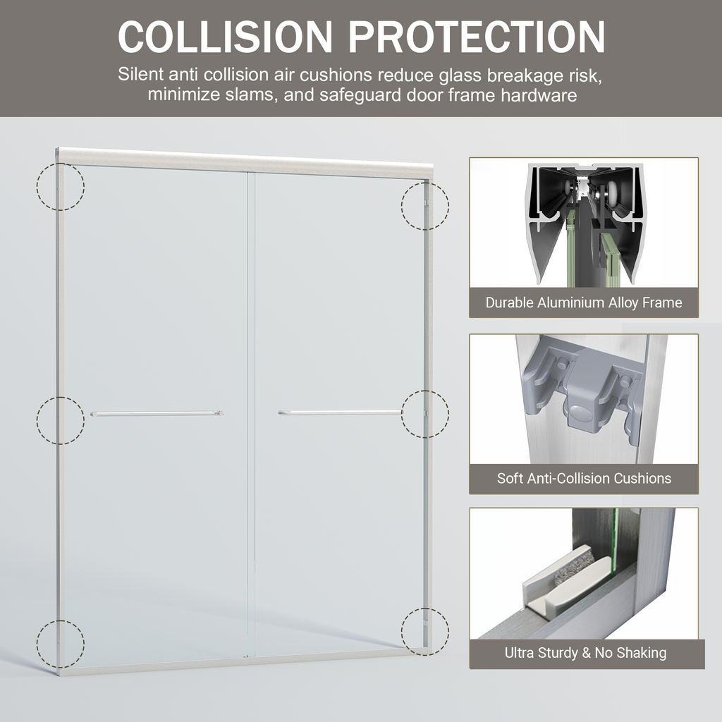 56–60" W x 72" H Semi-Frameless Double Sliding Shower Door, 1/4" Tempered Glass, Brushed Nickel