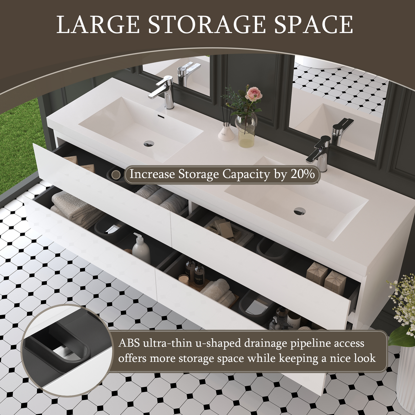 72" Angela - Floating Bathroom Vanity Double Sink Glossy White