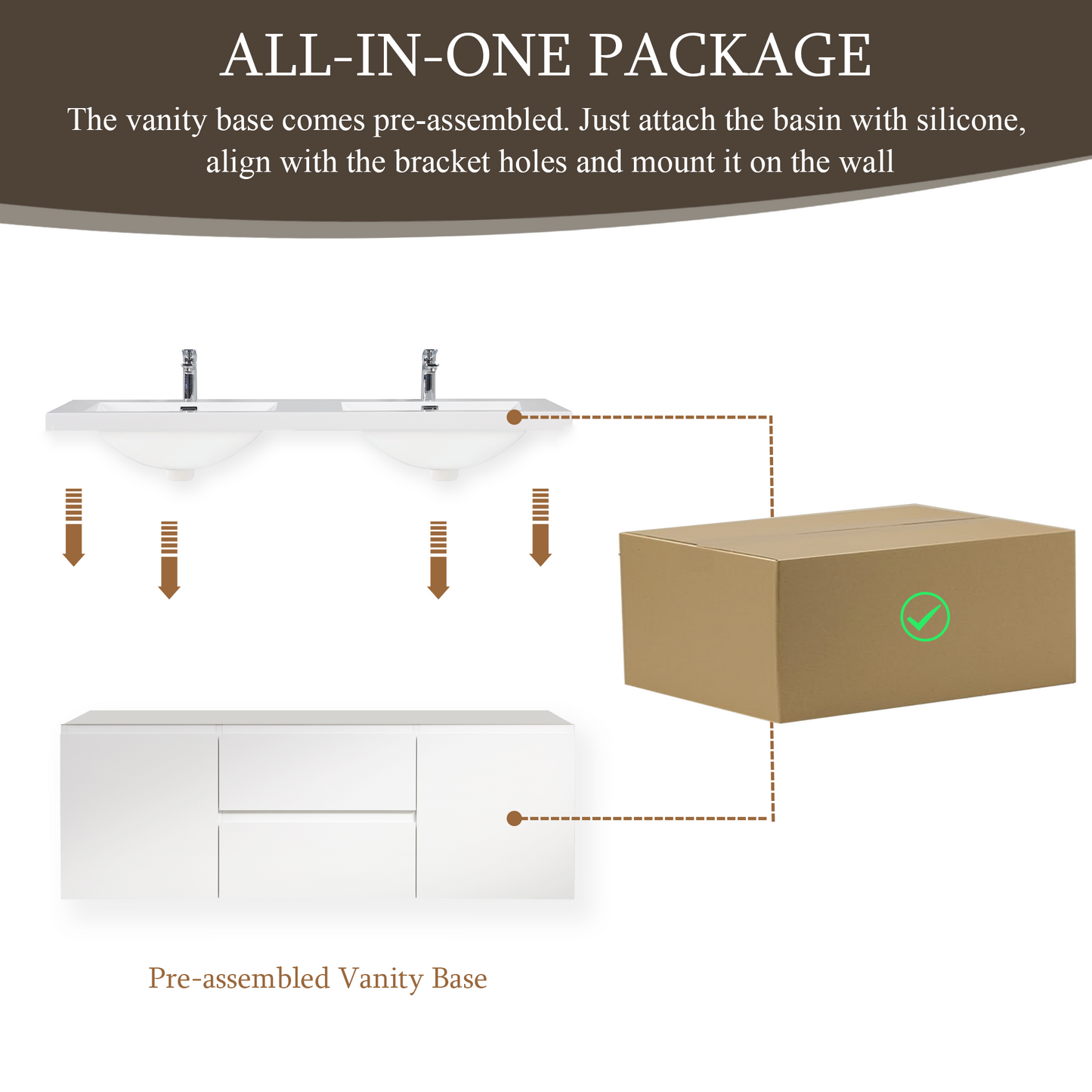 60" Angela - Floating Bathroom Vanity Double Sink Glossy White