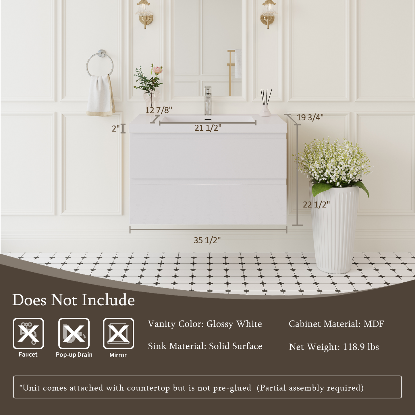36" Angela - Floating Bathroom Vanity Glossy White