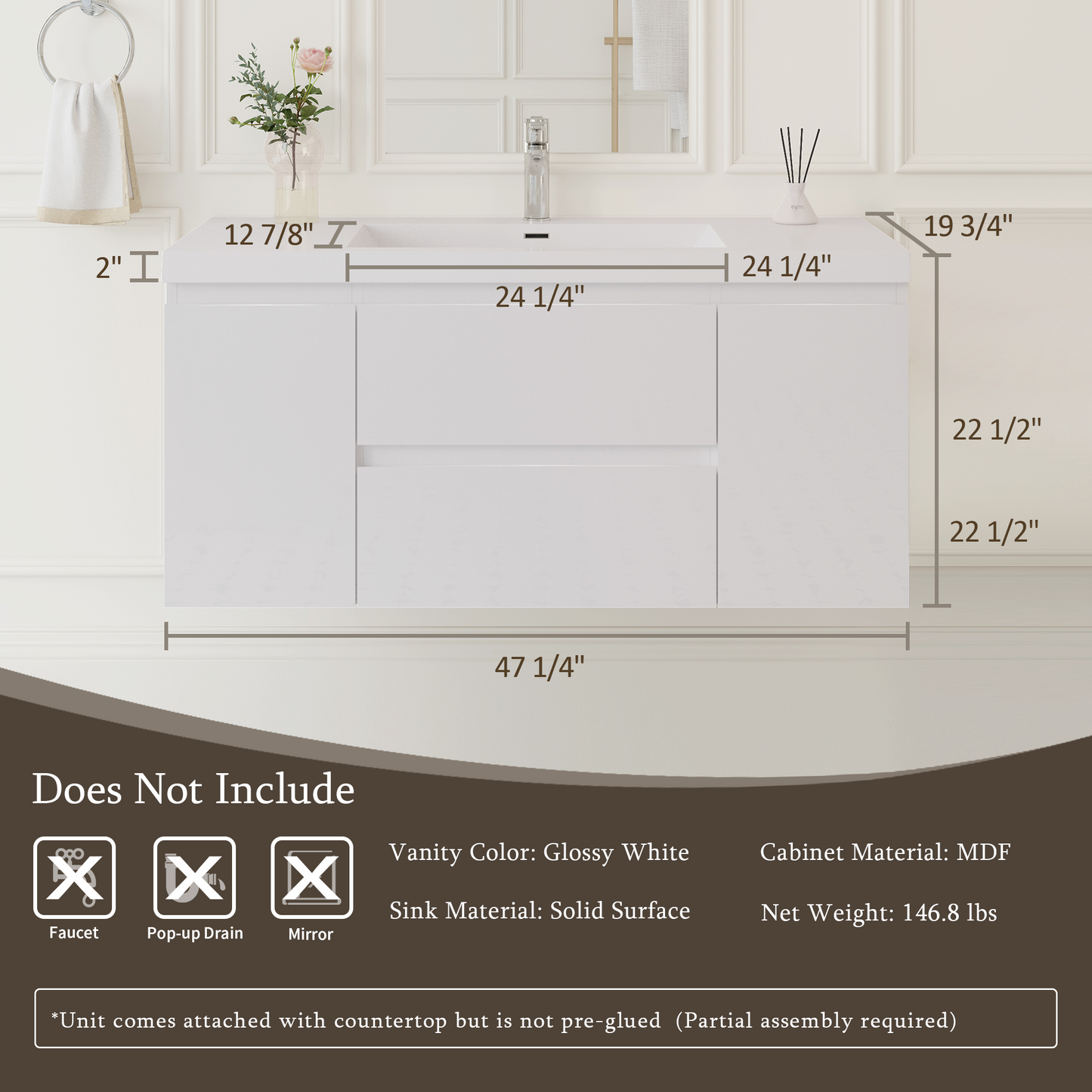 48" Angela - Floating Bathroom Vanity Glossy White