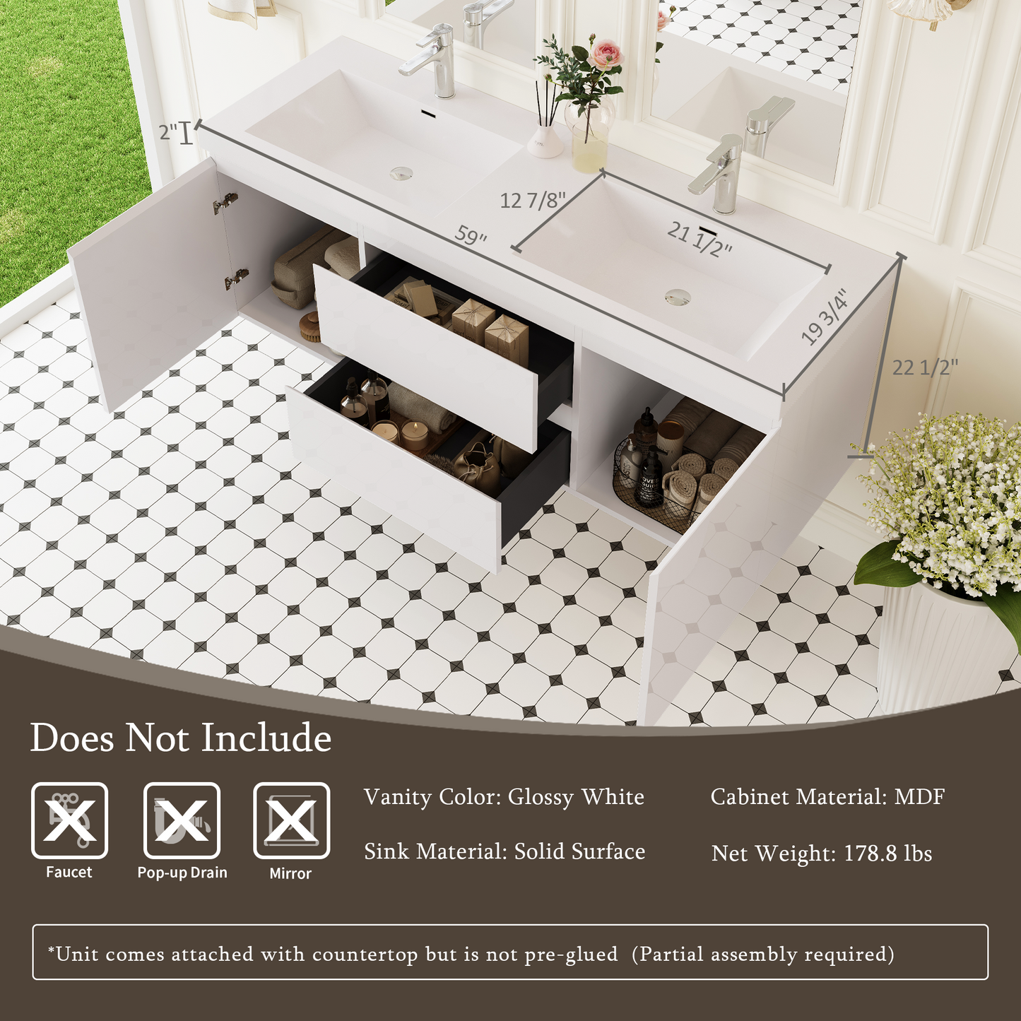 60" Angela - Floating Bathroom Vanity Double Sink Glossy White