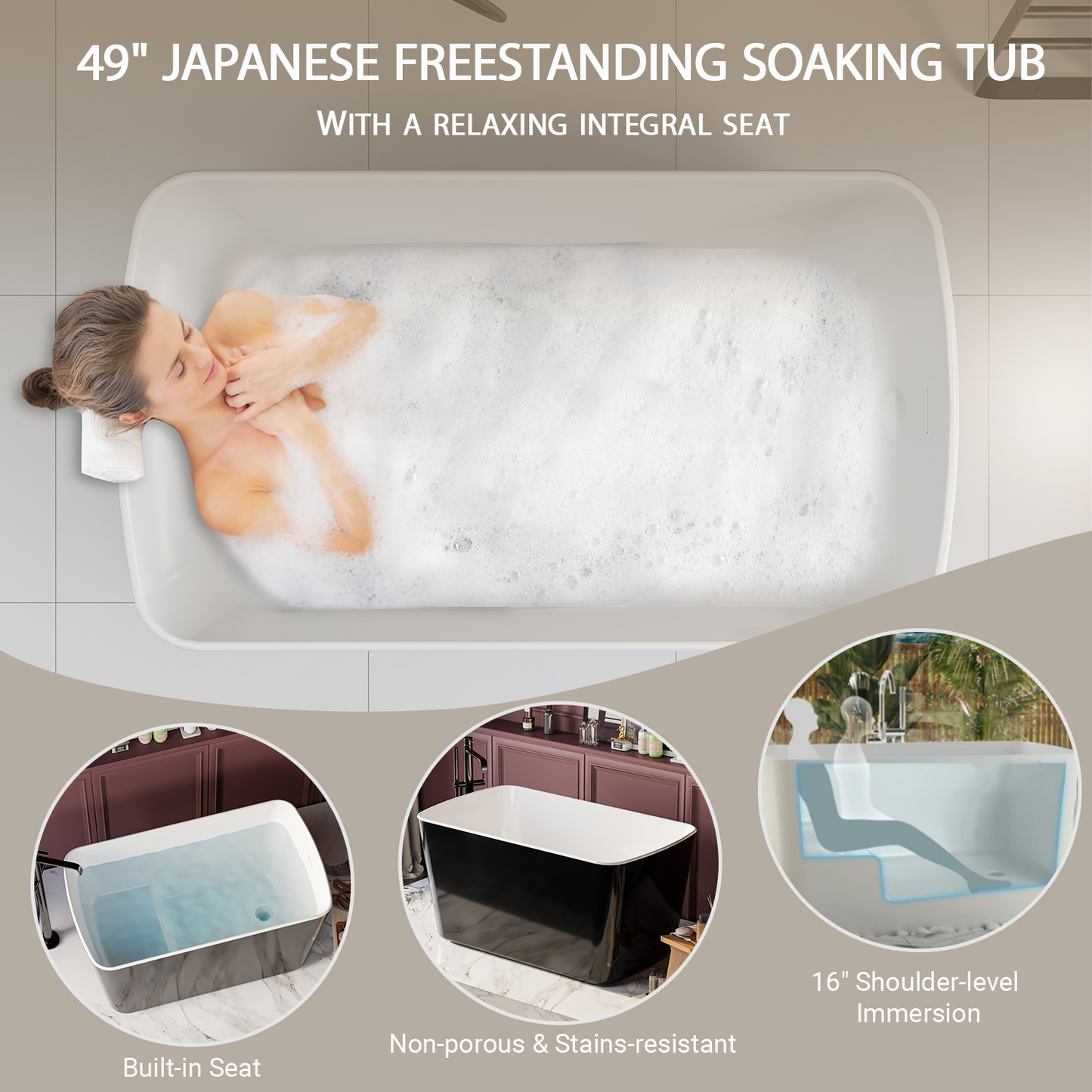 49" Acrylic Freestanding Japanese Soaking Tub, Glossy Black