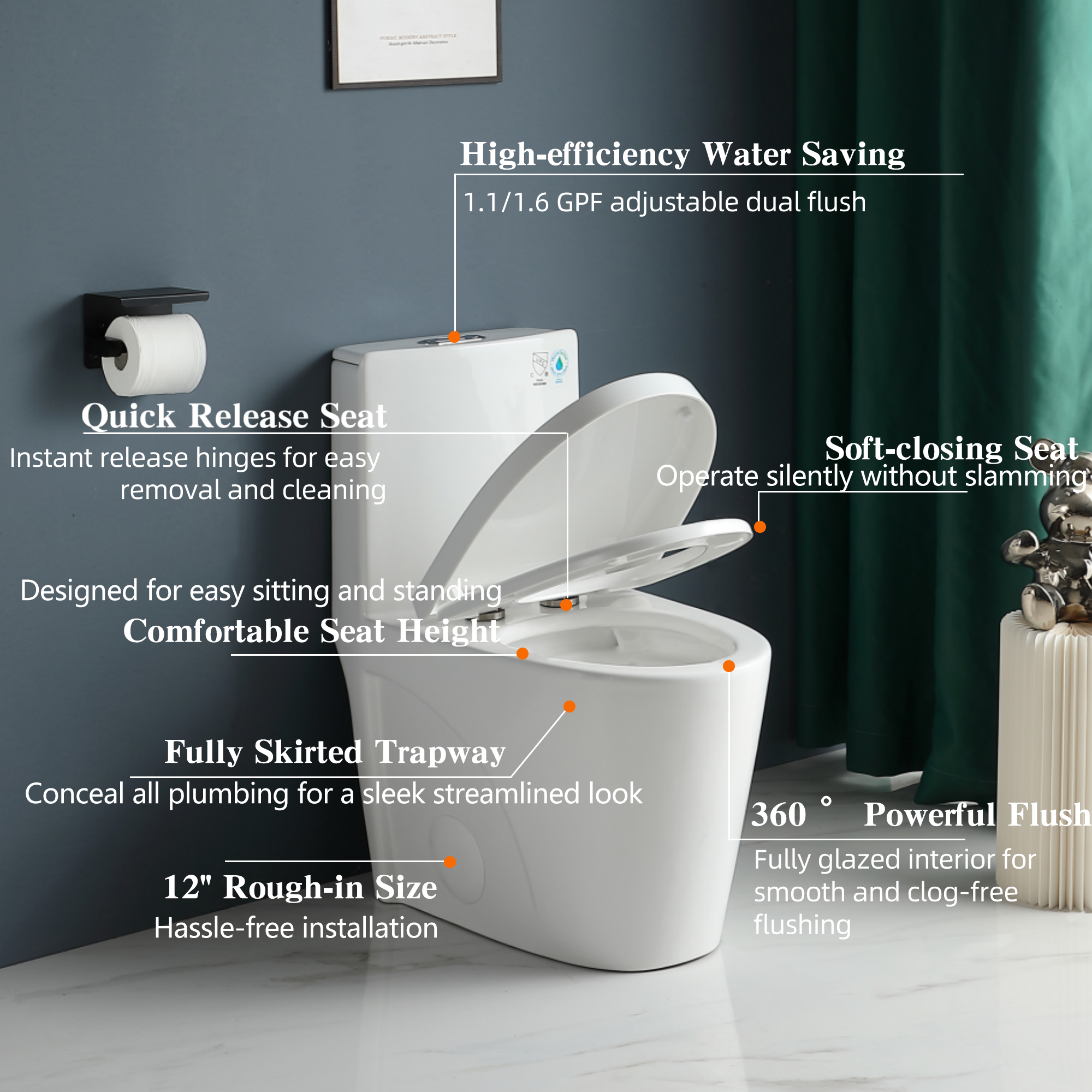 One-Piece Toilet, Dual-Flush 1.1/1.6 GPF, Elongated Comfort Height Bowl, Soft-Close Seat, Glossy White