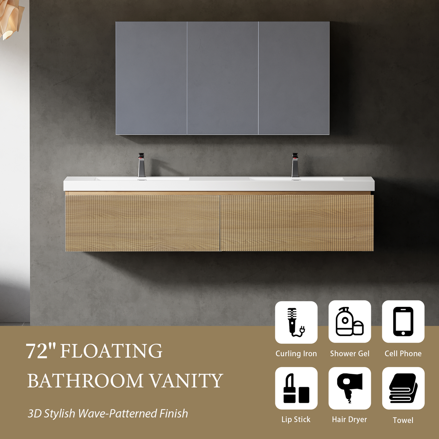 72" Liner - Floating Bathroom Vanity Integrated Double Sink Basin Natural Oak