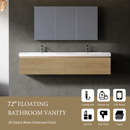 72" Liner - Floating Bathroom Vanity Integrated Double Sink Basin Natural Oak