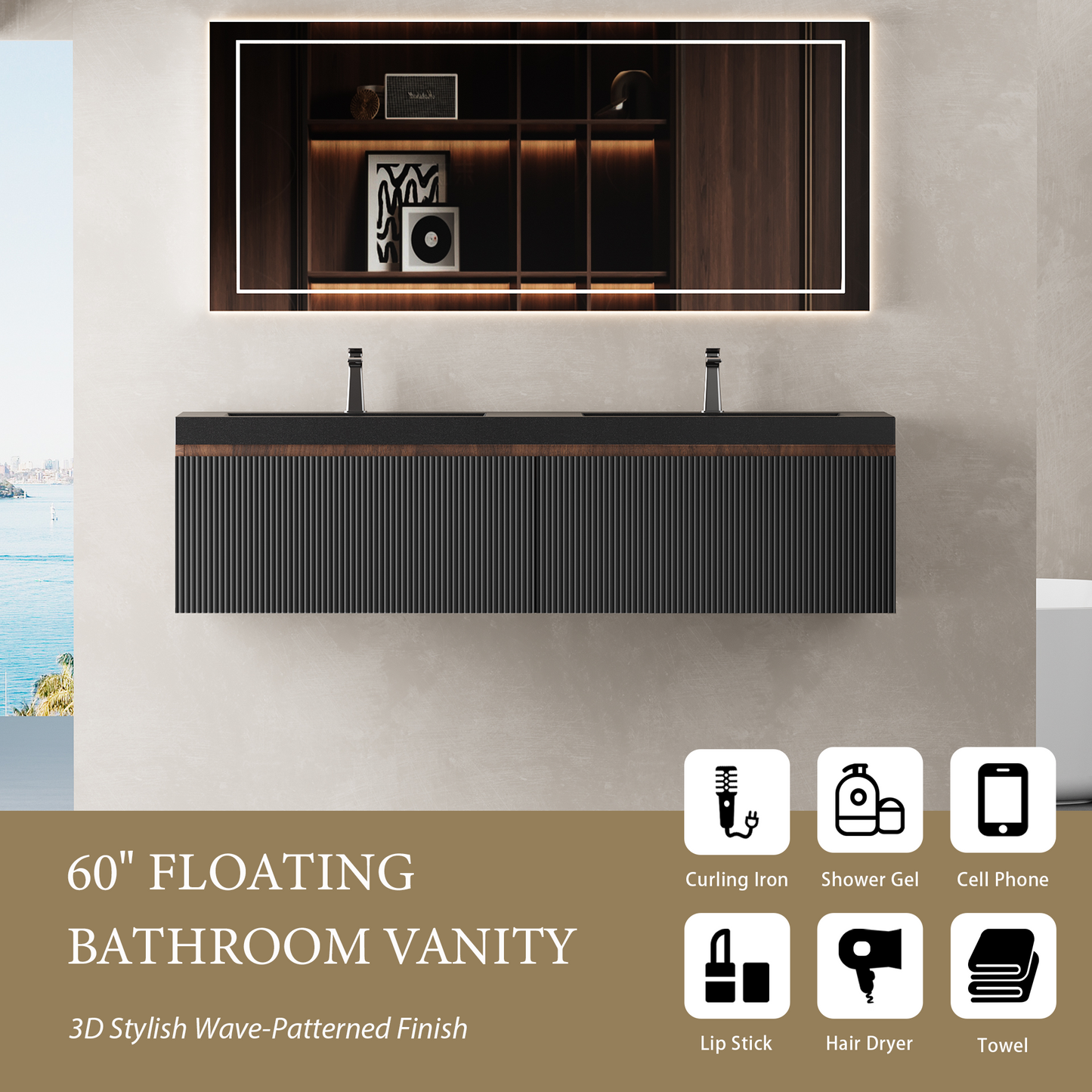60" Liner - Floating Bathroom Vanity Integrated Double Basin Smoked Walnut & lnk Black