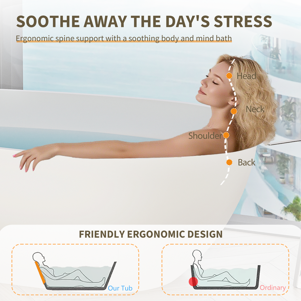 59" Freestanding Solid Surface Bathtub, Luxury Stone Resin Soaking Tub, Overflow & Drain, Matte White