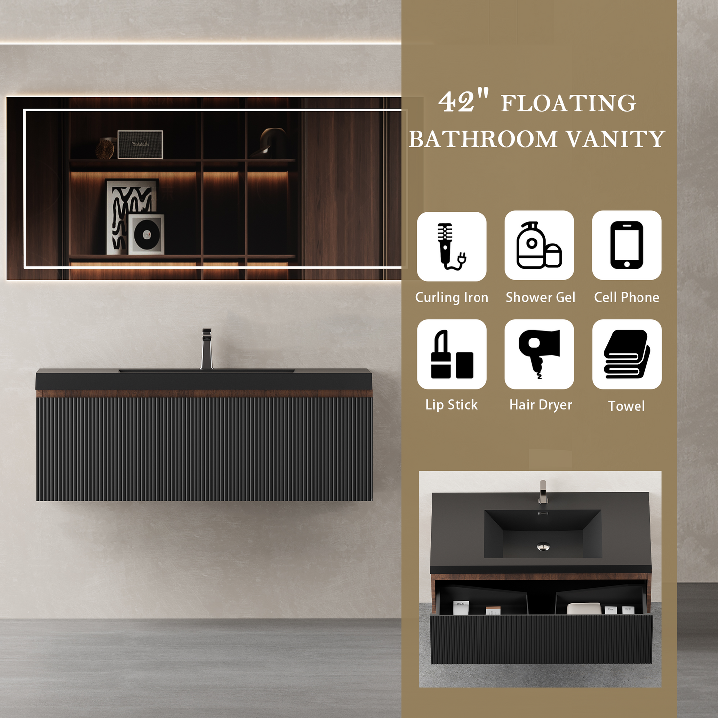 42" Liner - Floating Bathroom Vanity Smoked Walnut & lnk Black