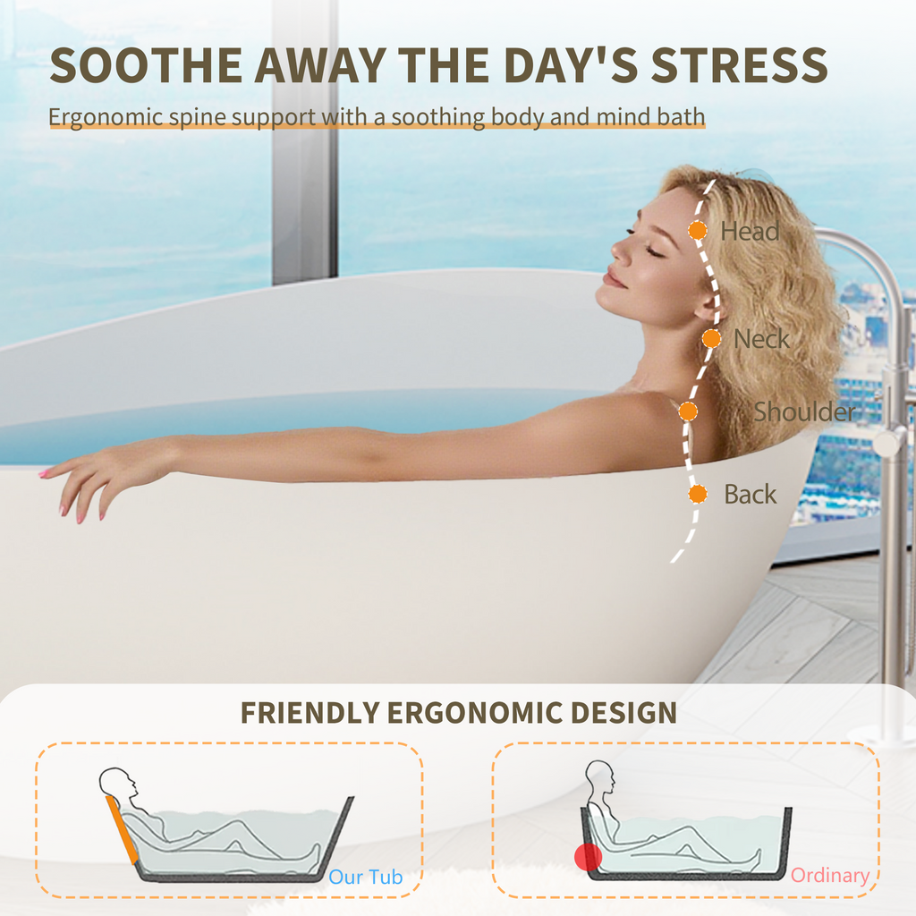 63" Freestanding Solid Surface Bathtub, Engineered Stone Resin Soaking Tub, Matte White