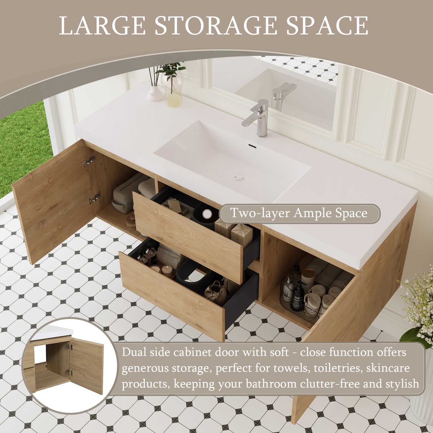60" Angela - Floating Bathroom Vanity Single Sink Natural Oak