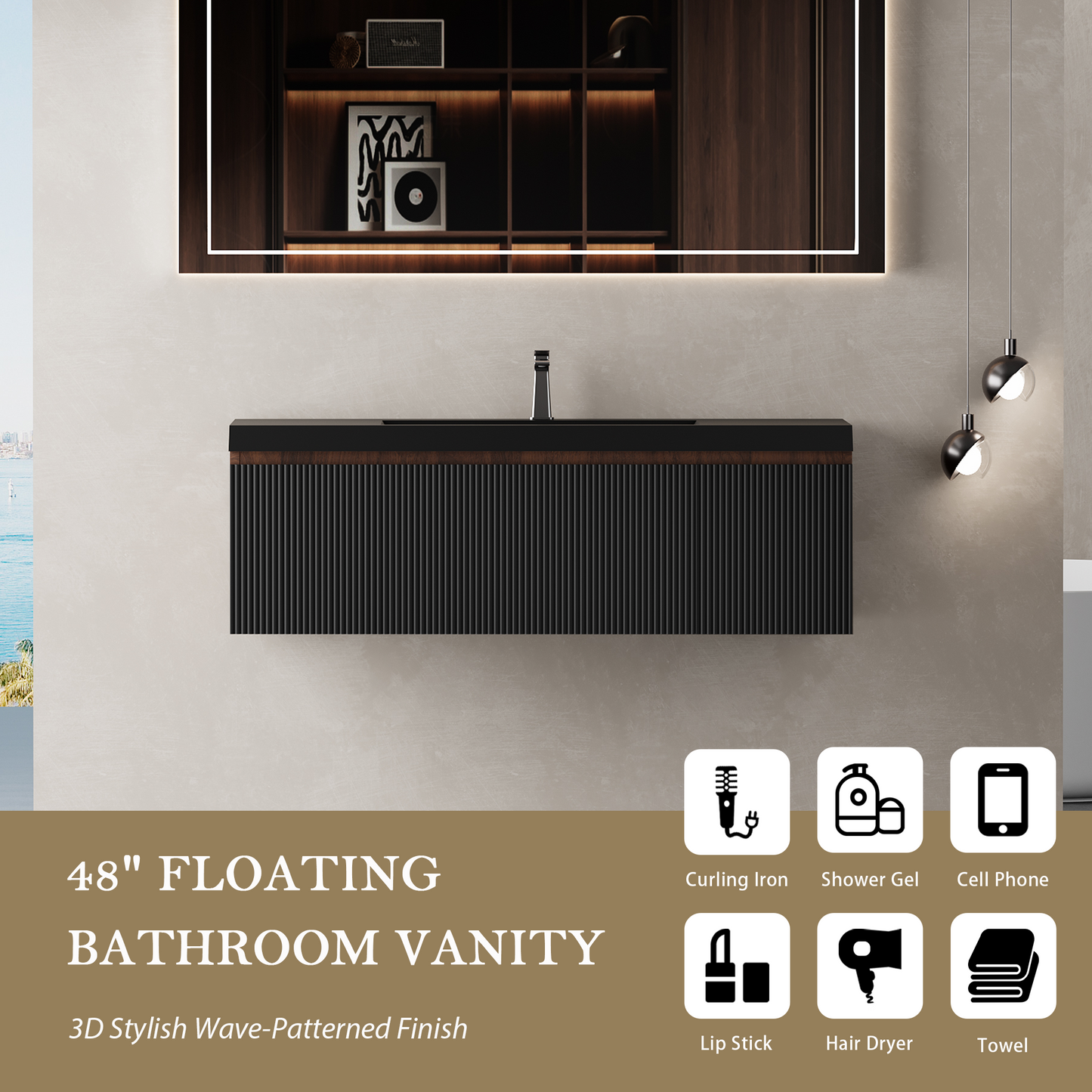 48" Liner - Floating Bathroom Vanity Smoked Walnut & lnk Black