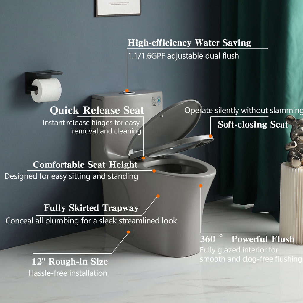 Ceramic One-Piece Toilet, Dual-Flush 1.1/1.6 GPF, Comfort Height Elongated Bowl, Soft-Close Seat, Light Grey