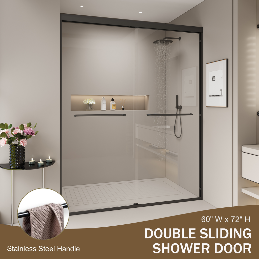 56–60" Double Sliding Shower Door, Semi-Frameless Bypass, 1/4" Tempered Glass, Matte Black