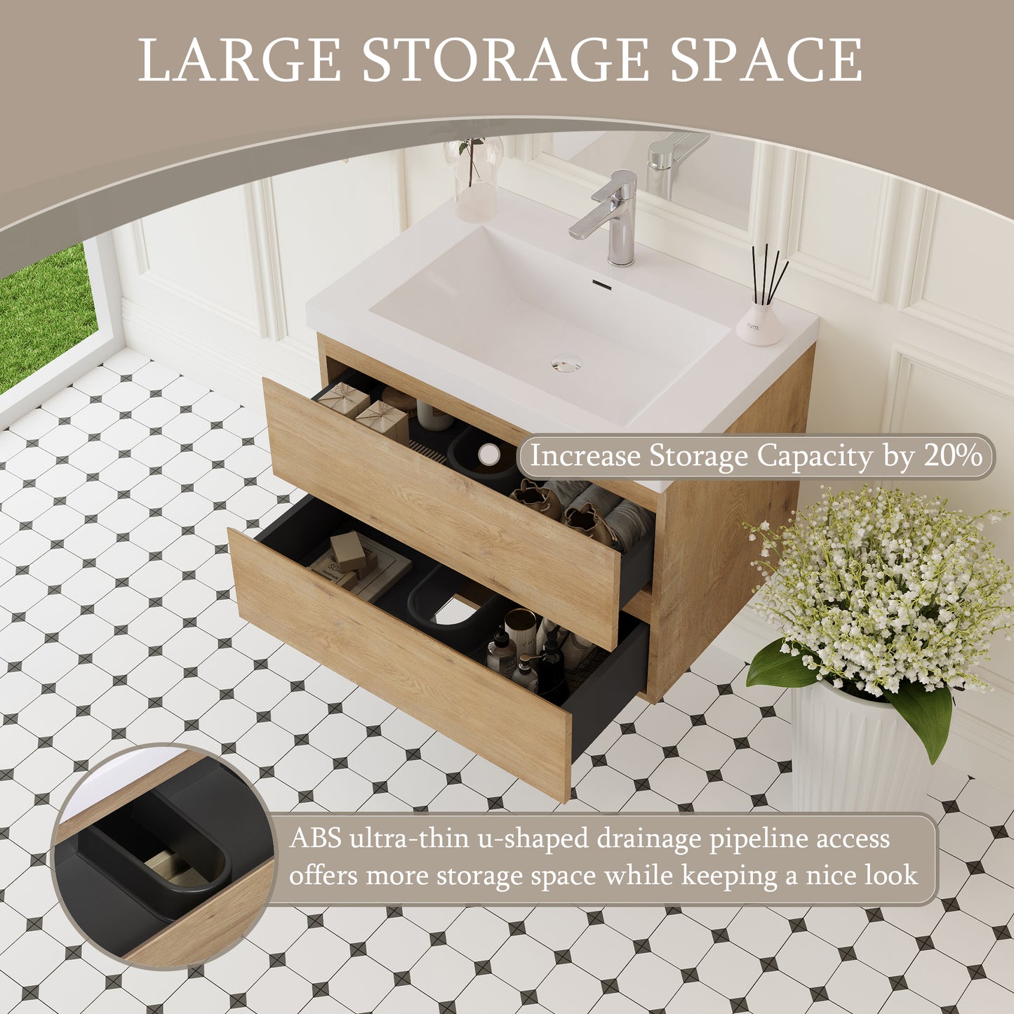 30" Angela - Floating Bathroom Vanity Natural Oak