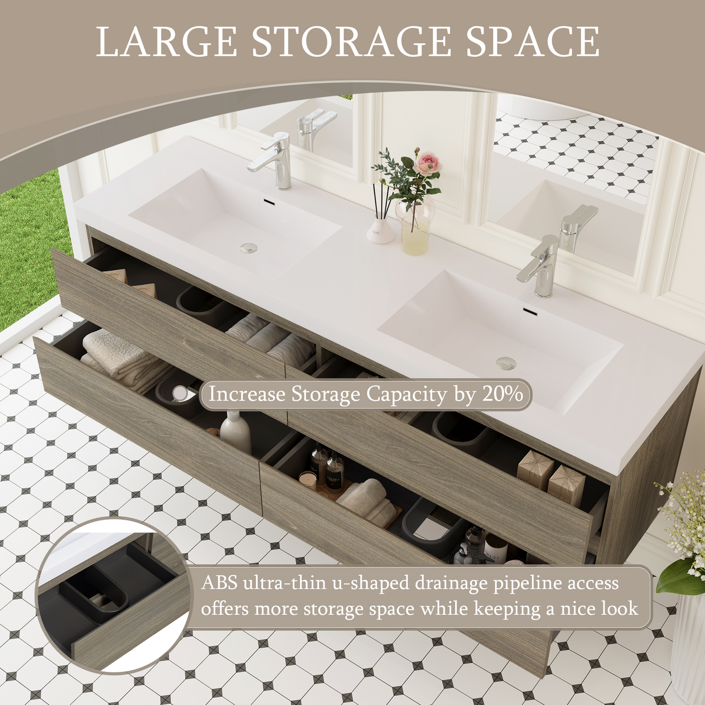 72" Angela - Floating Bathroom Vanity Double Sink Ash Grey