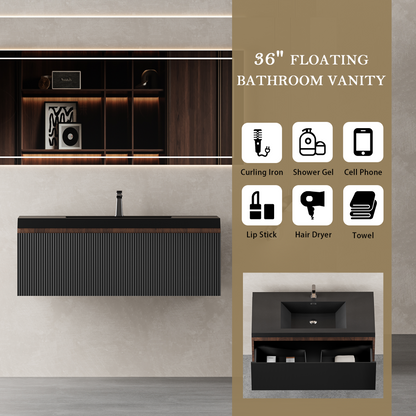 36" Liner - Floating Bathroom Vanity Smoked Walnut & lnk Black