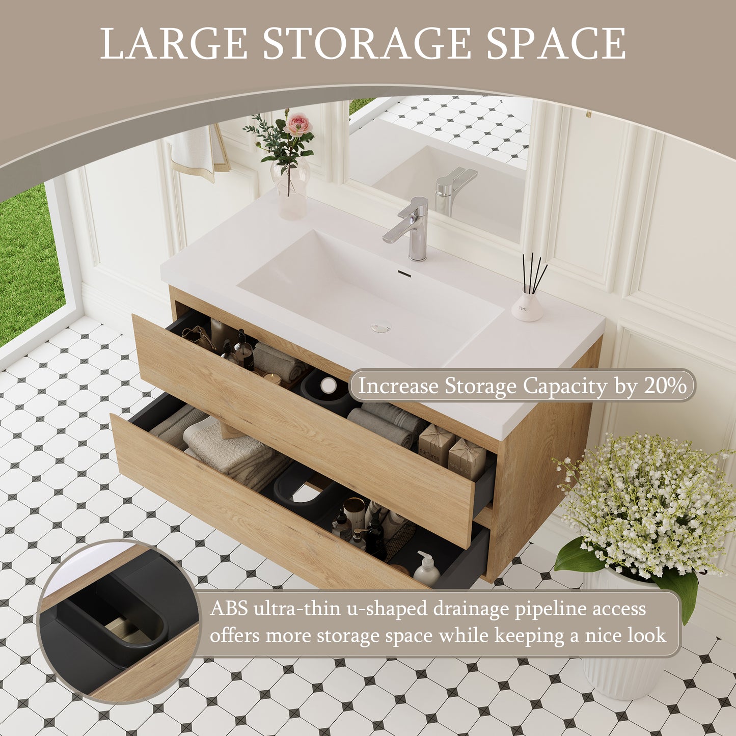 42" Angela - Floating Bathroom Vanity Natural Oak