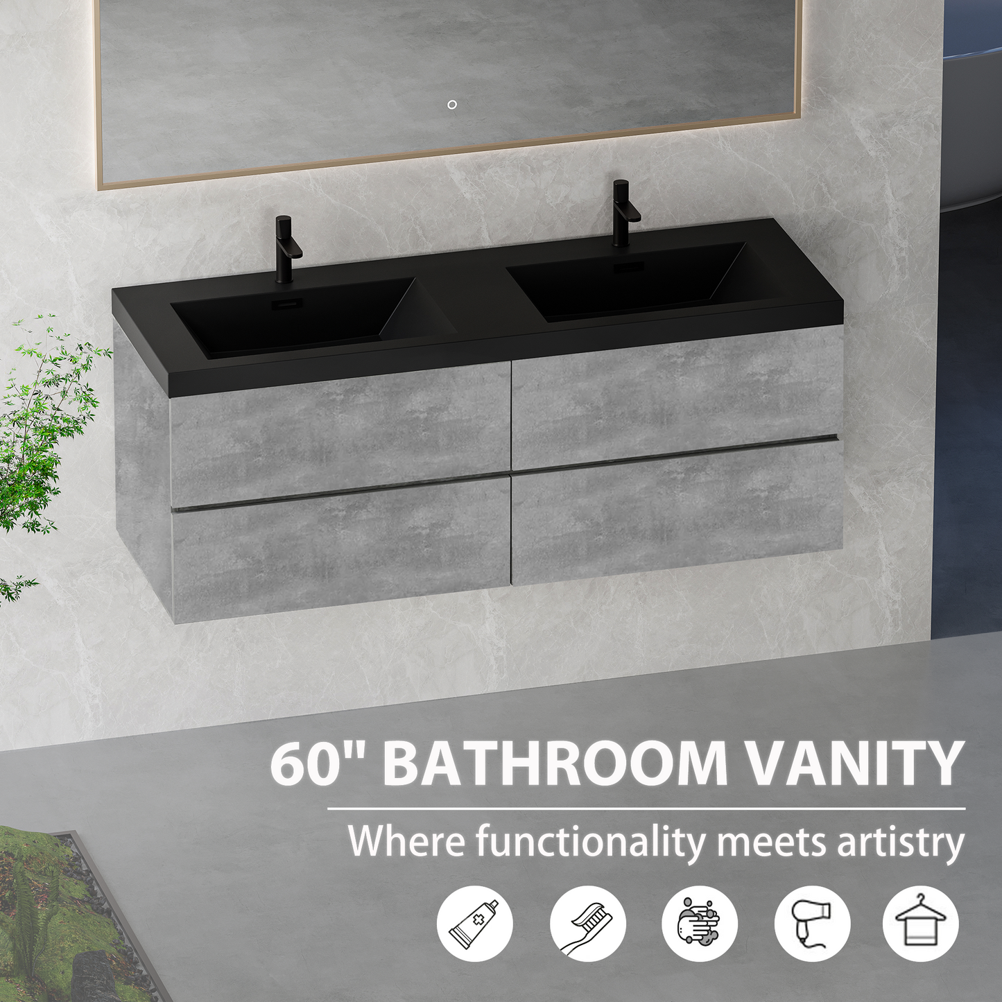 60" Edi - Modern Wall-mounted Bathroom Vanity
