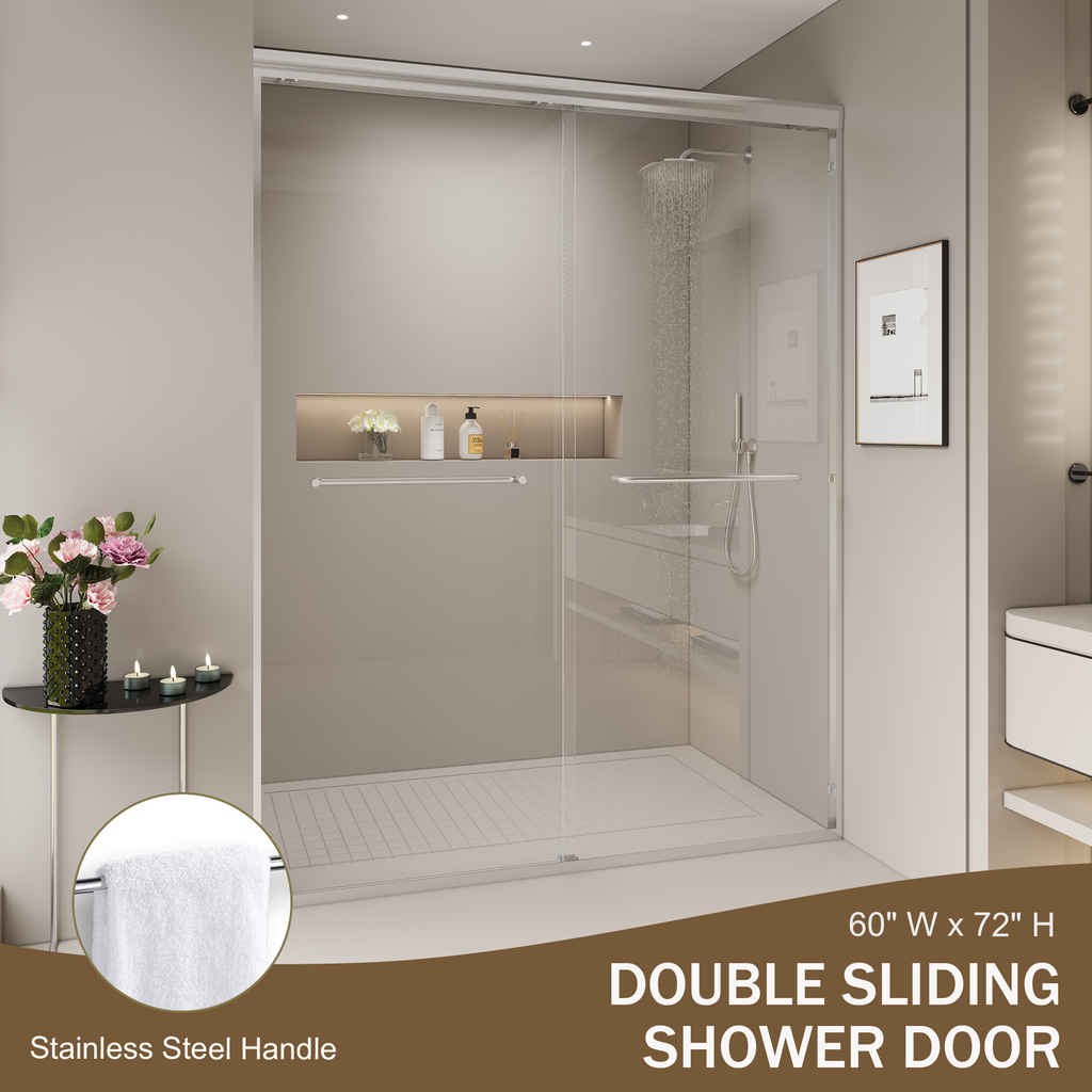 56–60 in. W x 72 in. H Semi-Frameless Double Sliding Shower Door, 1/4" Tempered Glass, Chrome
