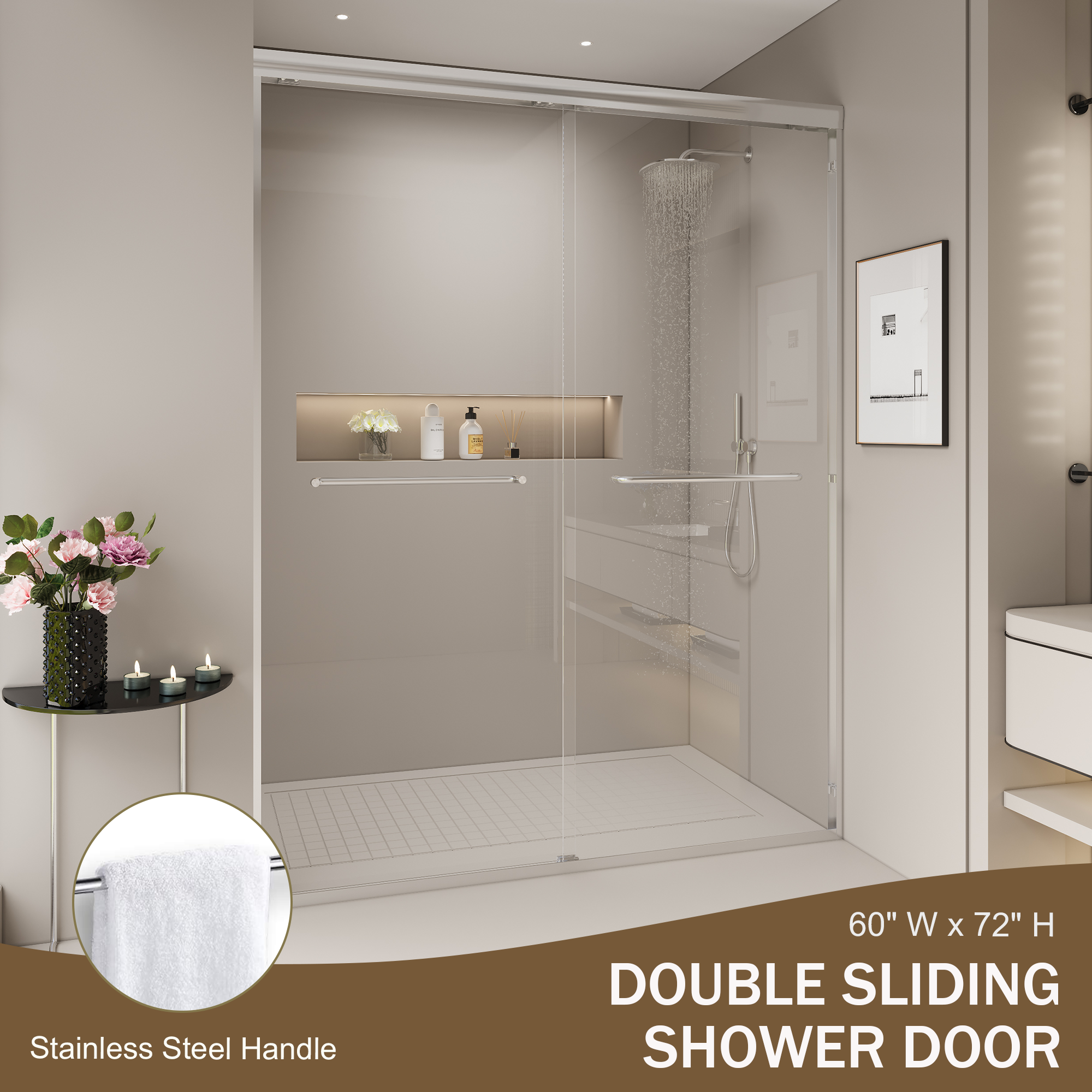 56–60 in. W x 72 in. H Semi-Frameless Double Sliding Shower Door, 1/4" Tempered Glass, Chrome