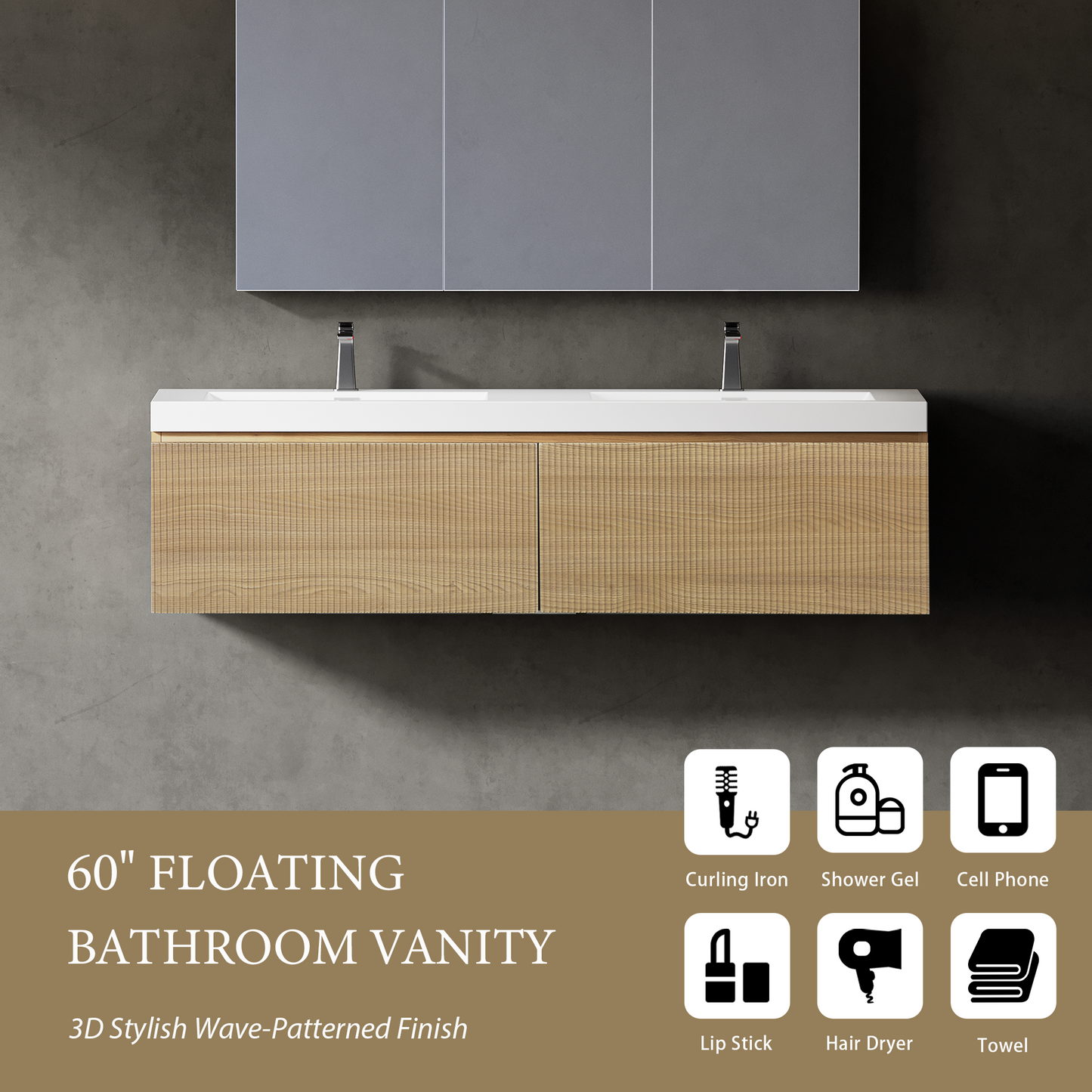60" Liner - Floating Bathroom Vanity Integrated Double Sink Basin Natural Oak