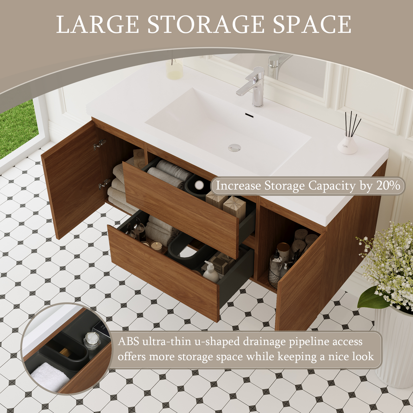 48" Angela - Floating Bathroom Vanity Honey Gold Walnut