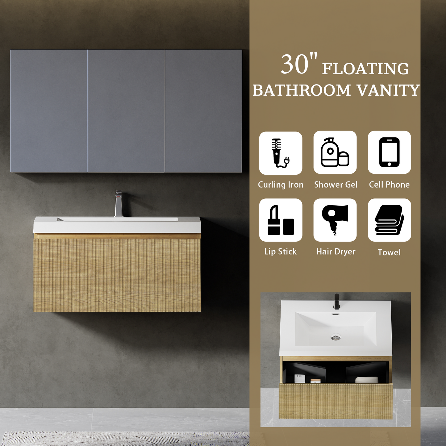 30" Liner - Floating Bathroom Vanity Natural Oak