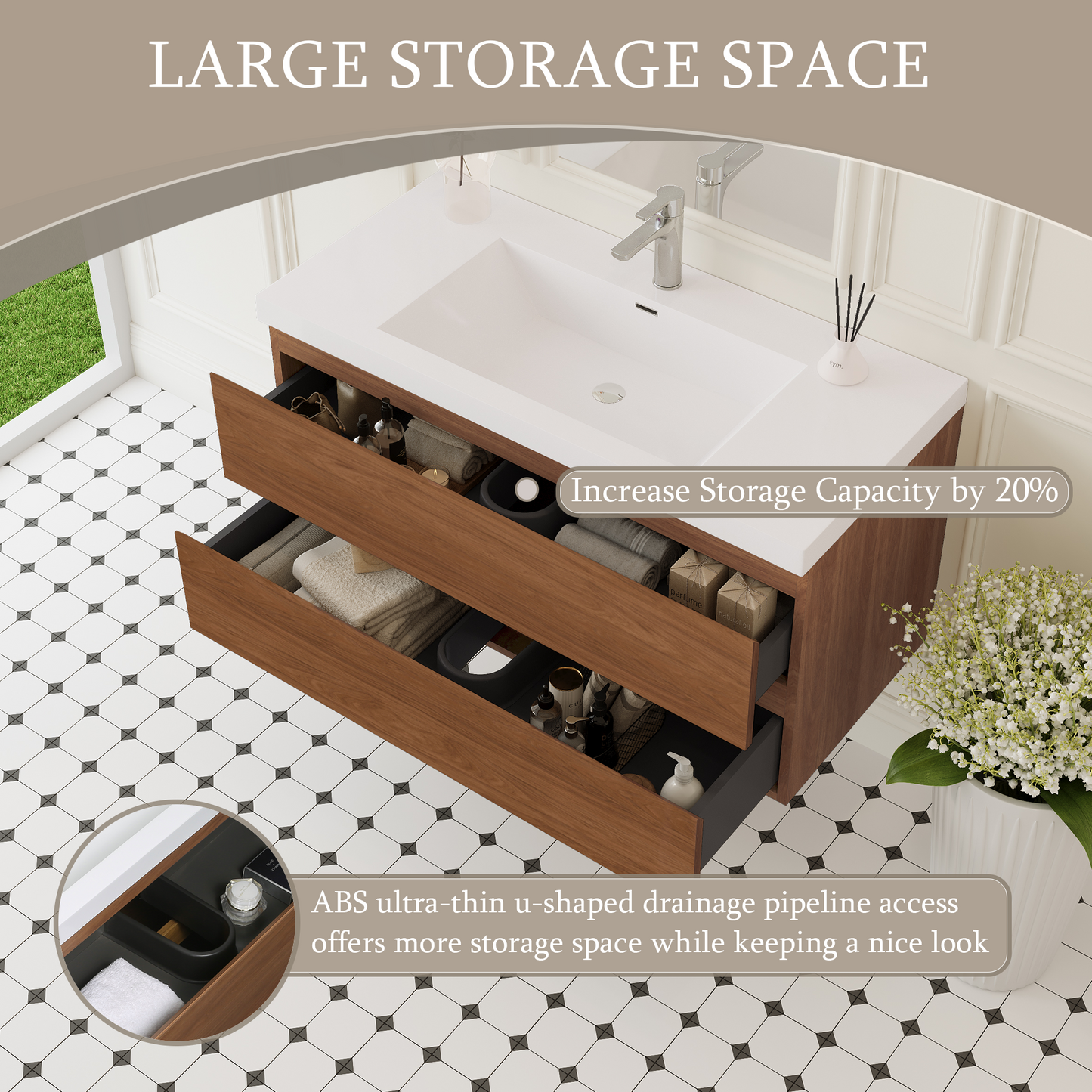 42" Angela - Floating Bathroom Vanity Honey Gold Walnut