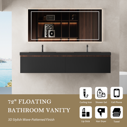 72" Liner - Floating Bathroom Vanity Integrated Double Basin Smoked Walnut & lnk Black