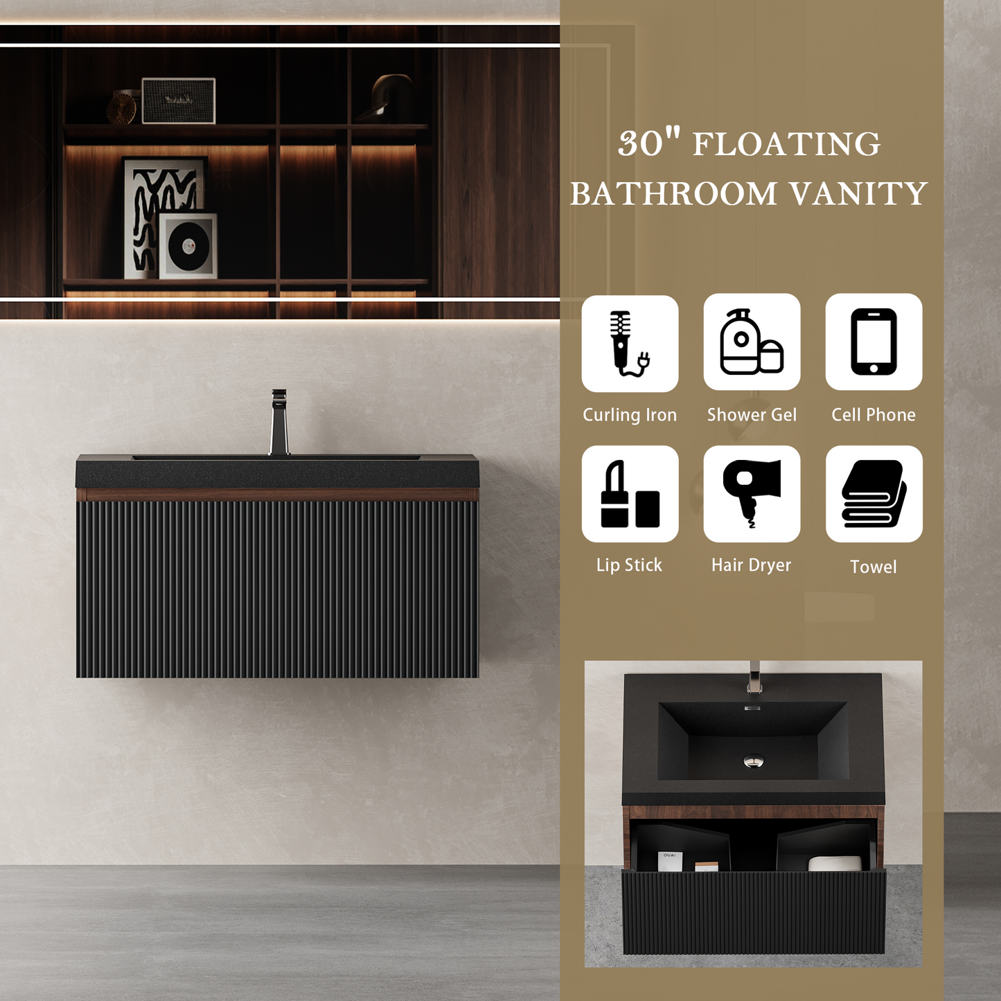 30" Liner - Floating Bathroom Vanity Smoked Walnut & lnk Black