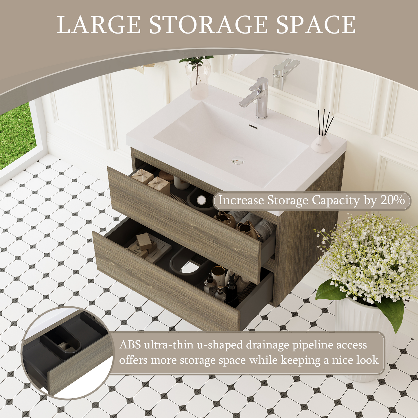 30" Angela - Floating Bathroom Vanity Ash Grey