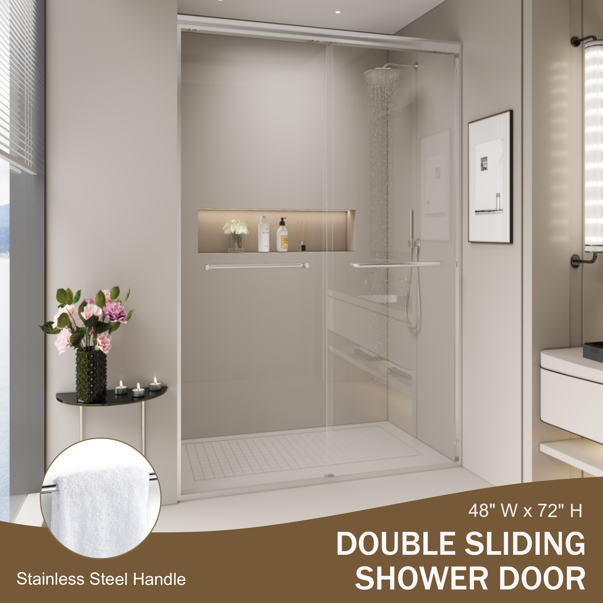 44–48" W x 72" H Double Sliding Shower Door, Semi-Frameless Bypass, 1/4" Tempered Glass, Chrome