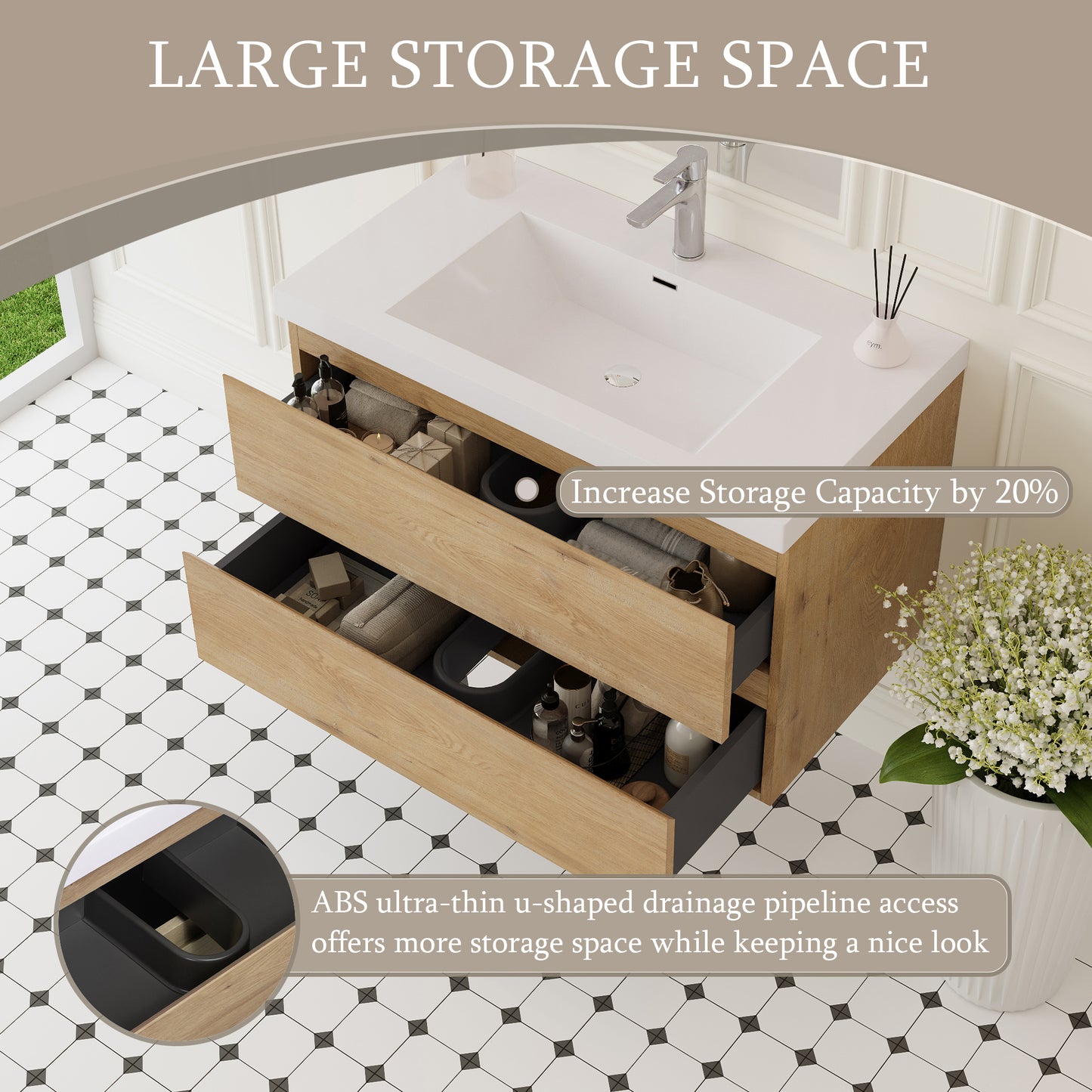 36" Angela - Floating Bathroom Vanity Natural Oak